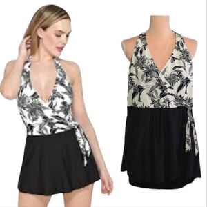Apt 9 Black White Floral Halter Wrap Front One Piece Swimsuit Dress XL